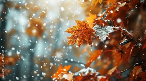 Snowflakes on autumn leaves. Created with Generative Ai technology. © Viktor