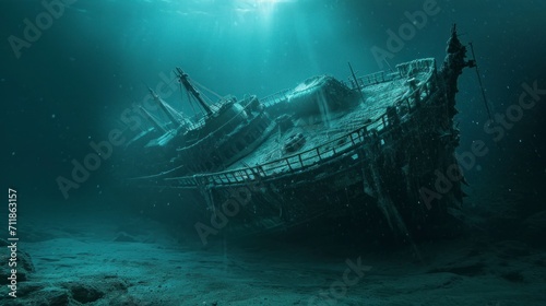 majestic ship sunk in the depths of the sea with good lighting and destroyed due to its age