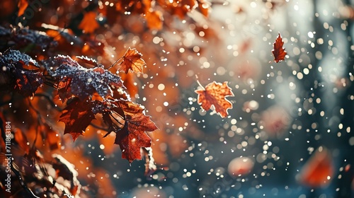 Snowflakes on autumn leaves. Created with Generative Ai technology.