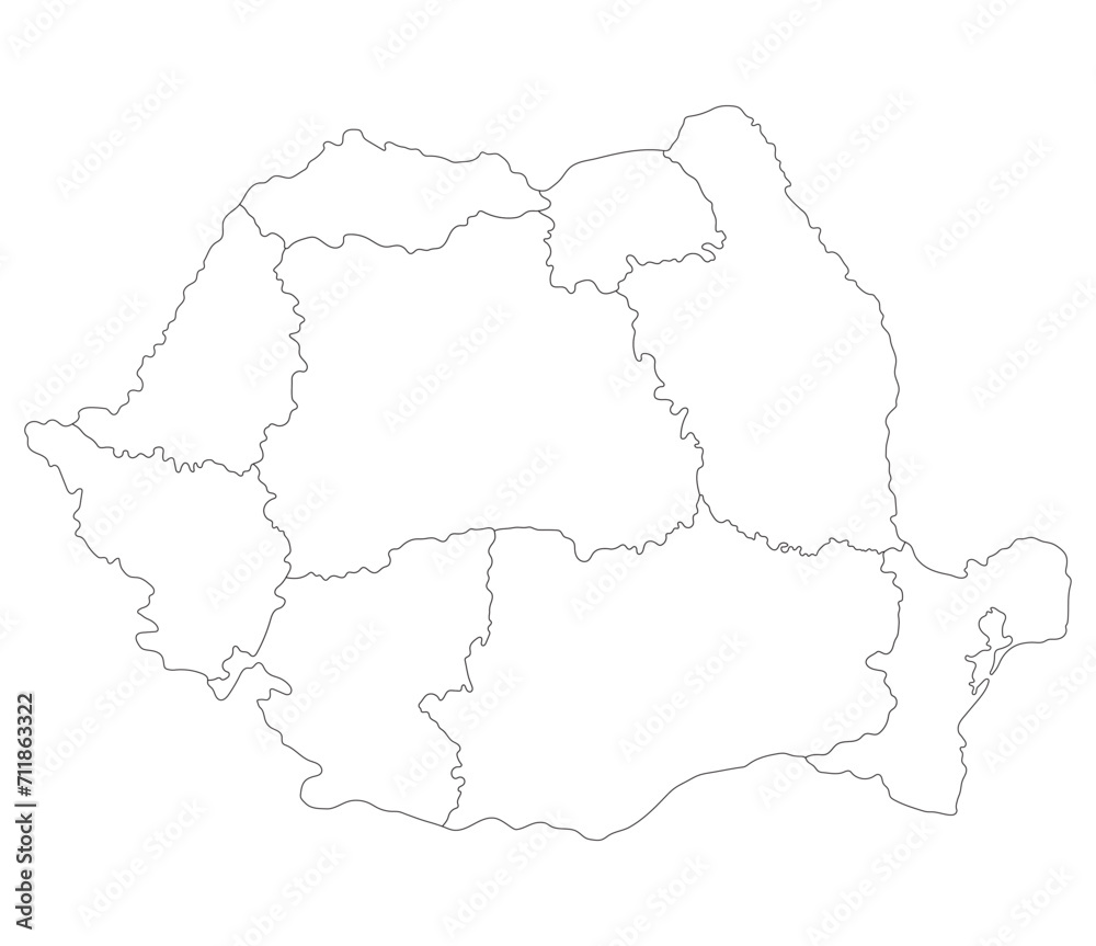 Romania map. Map of Romania in nine mains regions in white color