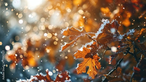 Snowflakes on autumn leaves. Created with Generative Ai technology.