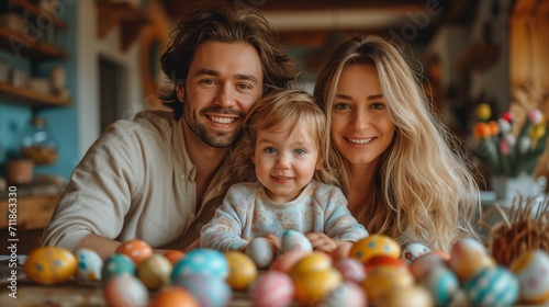 Happy family celebrating easter with colorful eggs at home