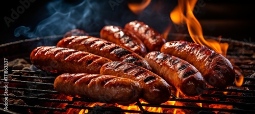Merguez sausage grilling on a barbecue, perfect for summer parties and american barbecues
