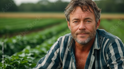 Mature farmer with a confident gaze posing in the fields