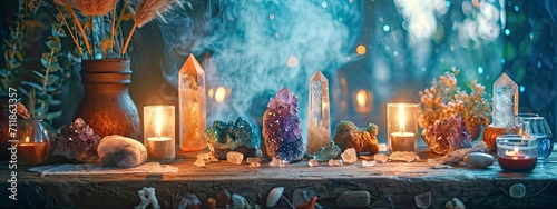 Mystical and Esoteric Altar with Crystals and Dried Flowers in Moody Lighting. photo