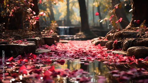 Rose flower petals on a wet ground at a wedding