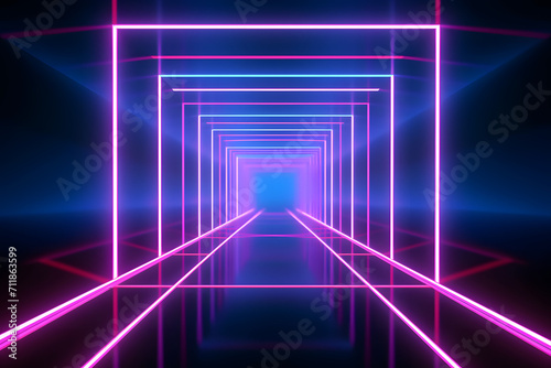 Abstract neon light geometric background. Glowing neon lines. Empty futuristic stage laser. Pink blue rectangular laser lines. Square tunnel. Night club empty room. Laser show design.