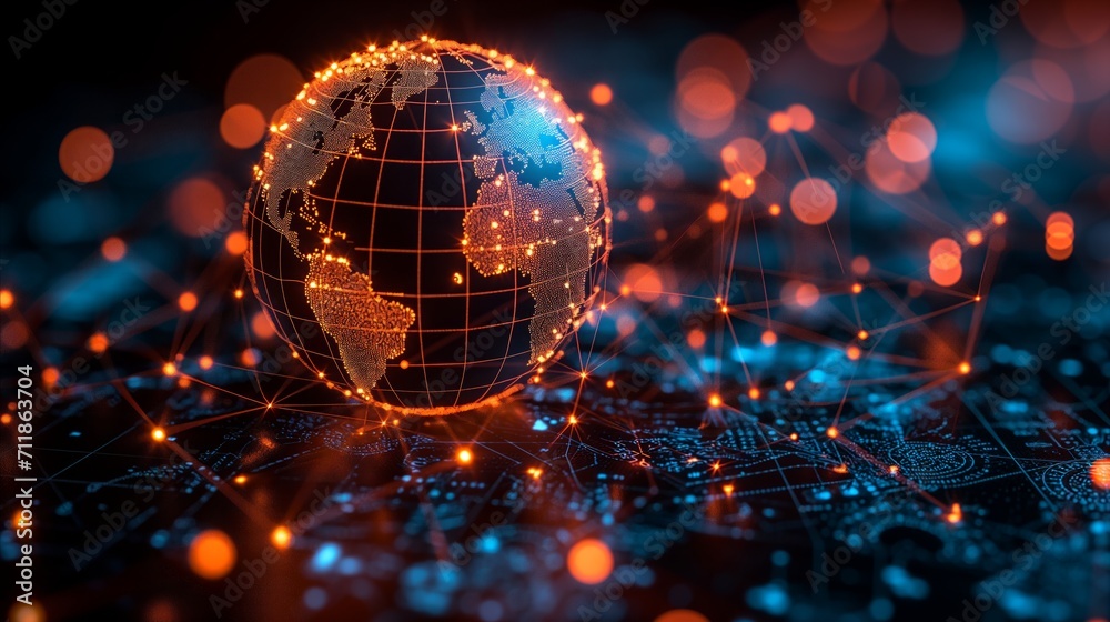 Obraz premium Digital global network connectivity with glowing nodes and earth representation