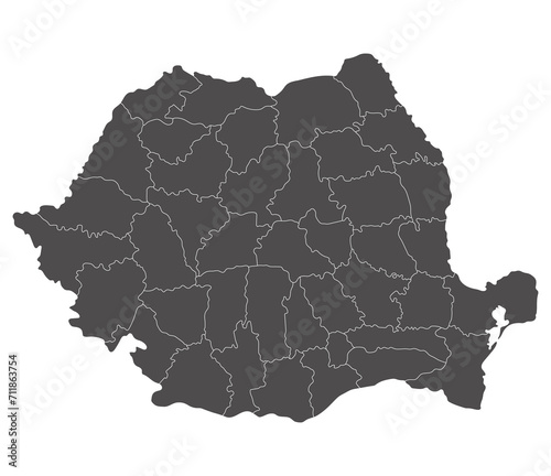 Romania map. Map of Romania in administrative provinces in grey color