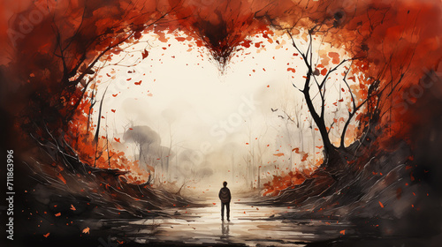 Heart shape of big tree and alone man sitting on a mountain under love tree landscape with fantasy night sky and full moon. Stunning views at lonely nights. photo