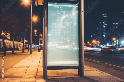 Mockup. Blank white vertical advertising banner billboard stand in urban bus stop at night. Empty advertisement place for marketing
