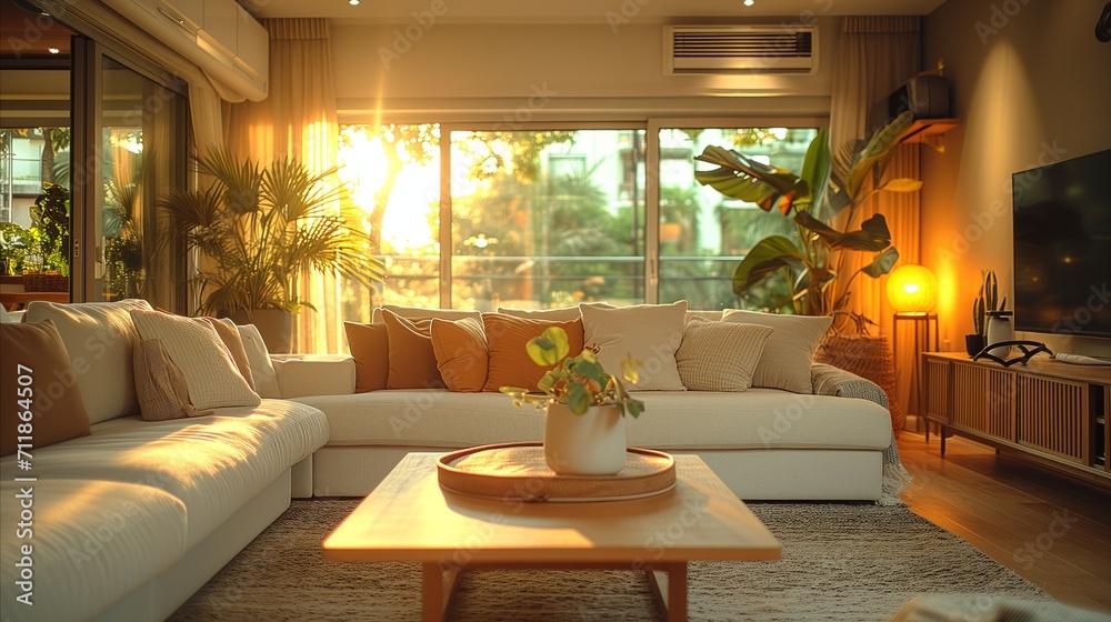 Fototapeta premium Cozy modern living room bathed in warm sunset light with comfortable sofa and decor