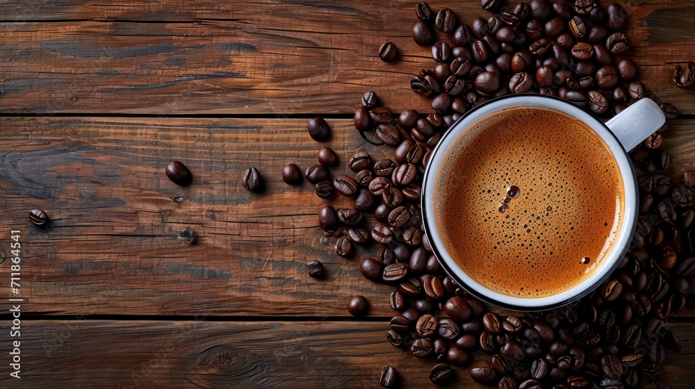 The background displays a cup of coffee, prepared and decorated with coffee beans for a delightful experience.