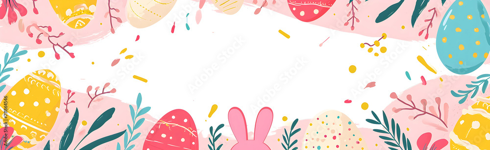 Happy Easter banner. Trendy Easter design with typography, hand painted strokes and dots, eggs and bunny in pastel colors. Modern minimal style Happy Easter banner. Trendy Easter design with typography, hand painted strokes and dots, eggs and bunny in pastel colors. Modern minimal style