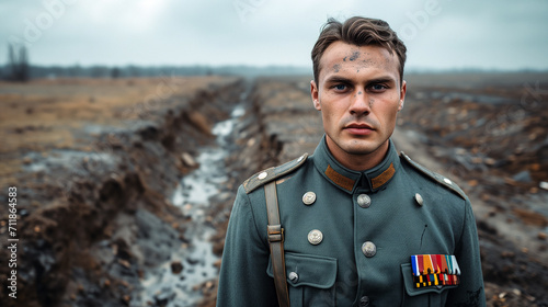 Portrait of a twentieth century soldier in a field. (AI generated) photo