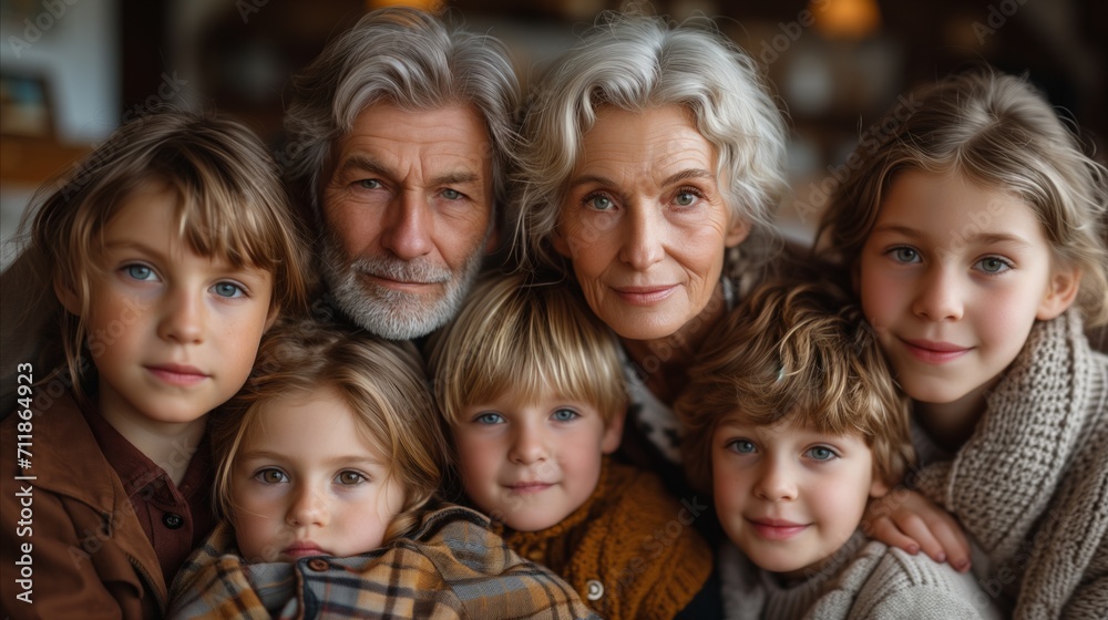 Happy multigenerational family portrait with smiling grandparents and grandchildren