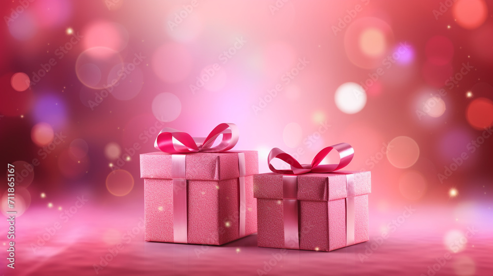 Fototapeta premium Valentine's Day greeting card design. Pink gift boxes with hearts and glittering on pink background with copy space.
