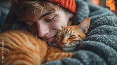  Young man cuddling with cute cat at home, friendship with pet, love between pet and human. 