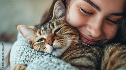 Happy young woman cuddling with cute cat at home, friendship with pet, love between pet and human. photo