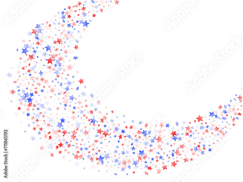 Flying red blue white star sparkles on white vector american patriotic background.