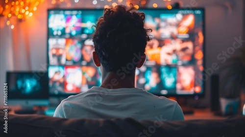 Young man relaxing at home watching movies on a large screen tv photo