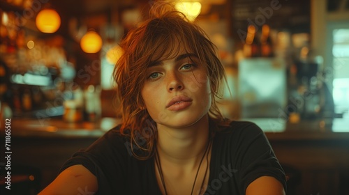 Contemplative young woman in moody bar setting with warm lighting