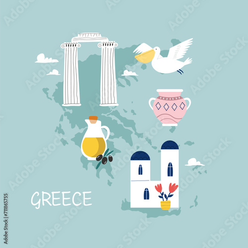 Colorful image, frame art with landmarks, symbols of Greece