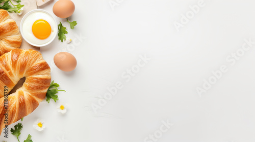 Valentine's day breakfast concept. Sandwich with croissant, bagel, cream cheese and fried eggs hearts on a white plate.