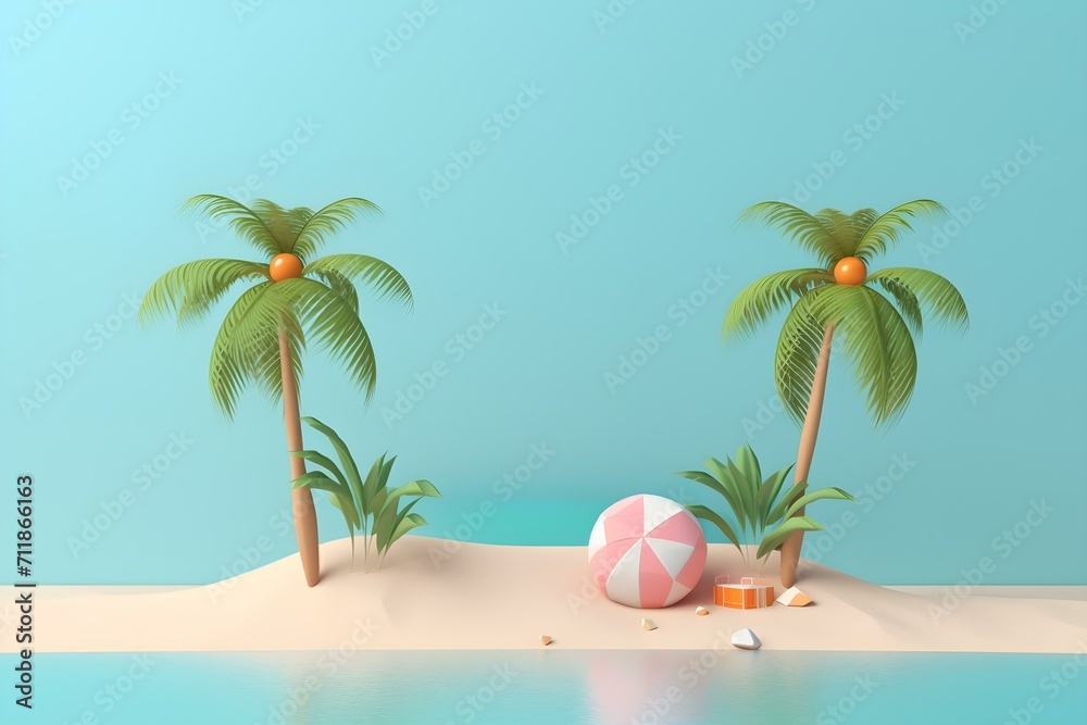 3d Render of Abstract Minimal Background for Showing Products or Cosmetic Presentation With Summer Beach Scene. Summer Time Season.