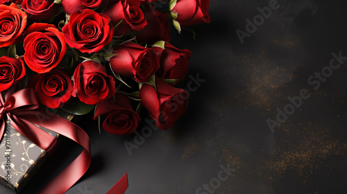 Flat lay composition with beautiful red roses and gift boxes on grey background. Valentine's Day celebration