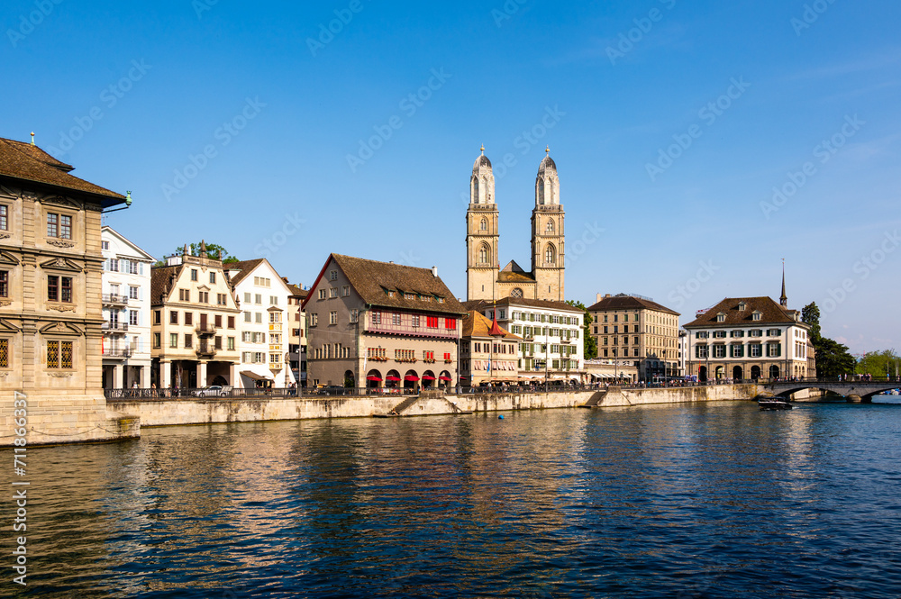 Aerial sunset panorama on the downtown of Zurich, Switzerland