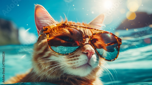 Closeup portrait of funny adorable cat wearing sunglasses isolated on light cyan. Cute funny kitten wearing sunglasses and posing in front of the camera. Relaxed domestic cat at home, indoor.