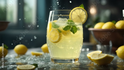 A cup of fresh iced lemon juice with mint and lemon pieces, a healthy drink photo