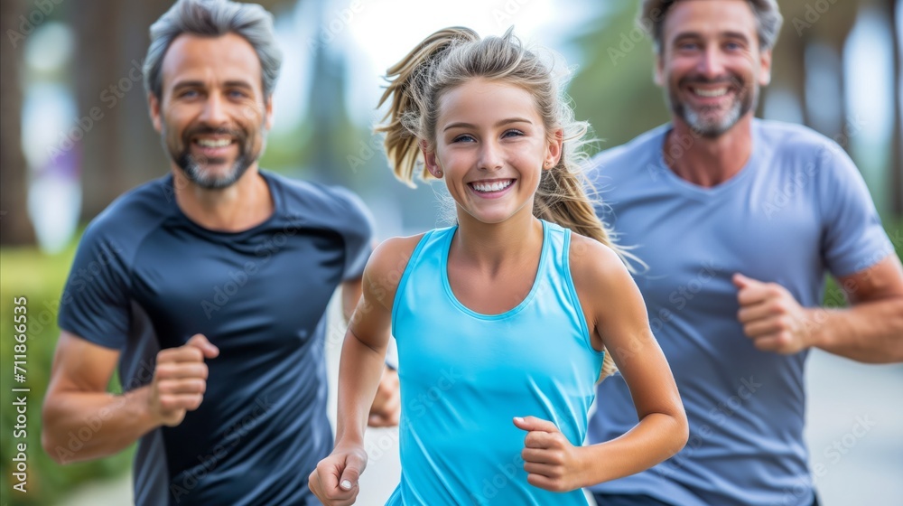Happy family enjoying a healthy run together outdoors Happy family enjoying a healthy run together outdoors