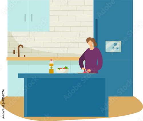 Woman preparing food in modern kitchen, cutting vegetables on counter. Home cooking and meal preparation scene vector illustration.