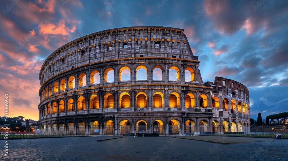 majestic roman coliseum with a beautiful blue sky with white clouds in a beautiful sunset in high definition