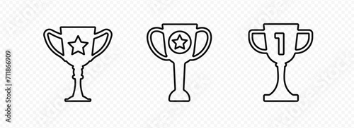 Black cups trophies with star and one. Reward prize for first places in sports and office games as symbol of champion and celebration of vector victory