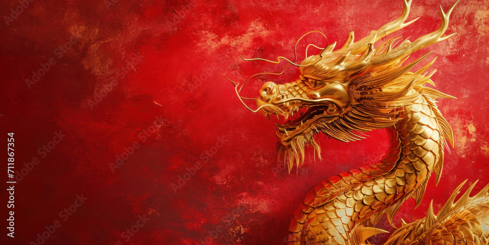 Obraz premium Majestic Golden Dragon on a Crimson Background