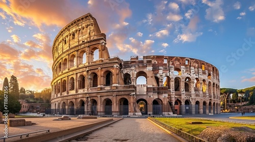 majestic roman coliseum with a beautiful blue sky with white clouds photo