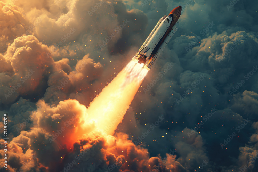 rocket launch, the rocket emits smoke and fire, flies into the sky with clouds Ai generative