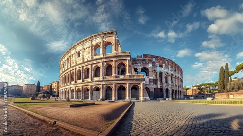 majestic roman coliseum with a beautiful blue sky with white clouds in a beautiful sunset