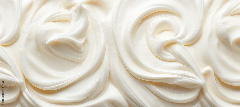 Delicious white vanilla yogurt with a creamy and natural texture, top view on a simple background