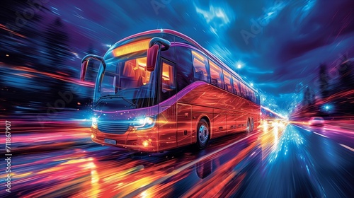 Futuristic red tour bus speeding on night highway with light trails
