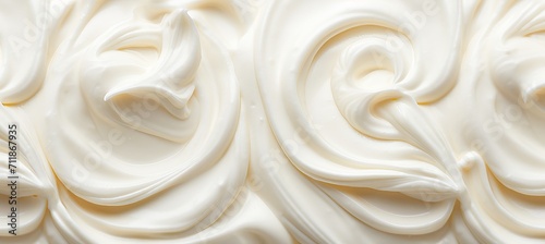 Delicious white vanilla yogurt with a creamy and natural texture, top view on a simple background