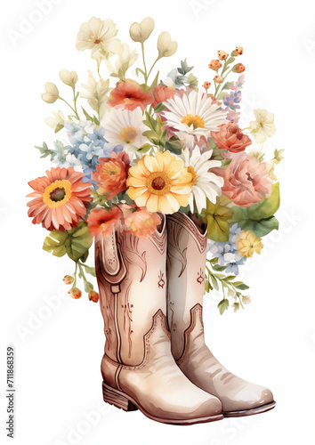 Cowboy Boot With   Wildflowers and Cacti. Color Printable Illustration Isolated on white