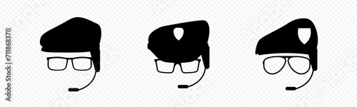Military headwear with goggles and microphone. Caps and black berets of soldiers and officers with professional emblems of troops and units for protection and vector recognition