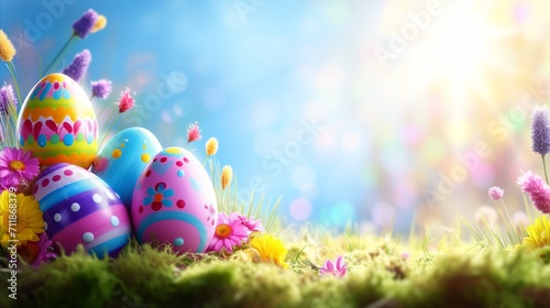 Colorful painted easter eggs surrounded by spring flowers and bright sunshine photo