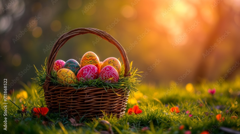 Colorful easter eggs in wicker basket on sunny spring meadow Colorful easter eggs in wicker basket on sunny spring meadow