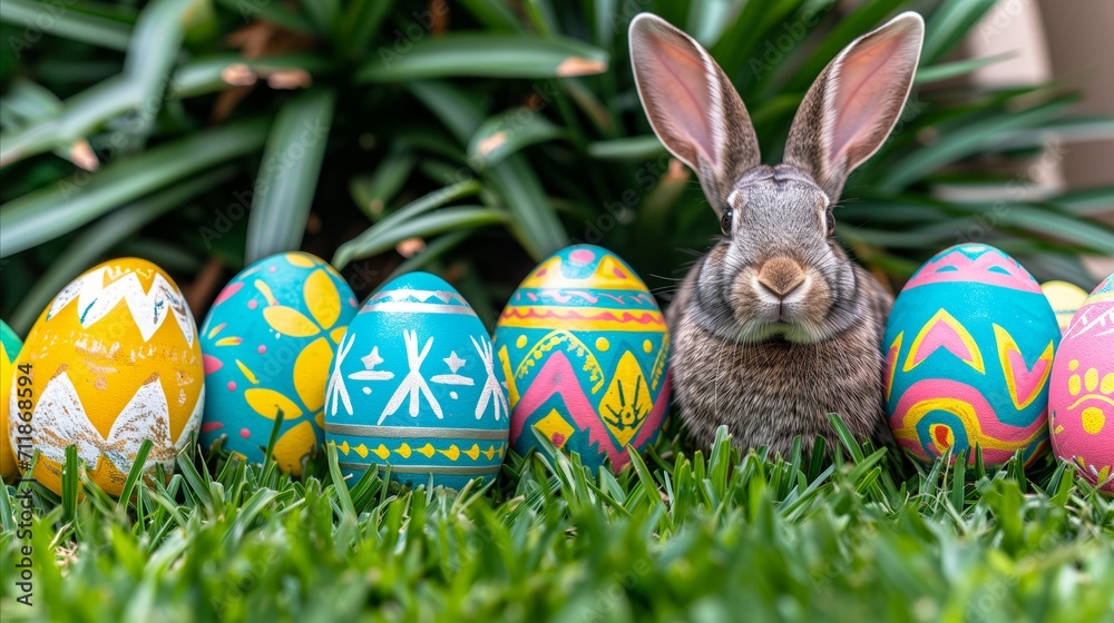 Easter bunny with decorated eggs nestled in green grass Easter bunny with decorated eggs nestled in green grass