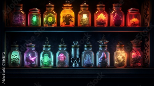 A close-up of a Halloween apothecary shelf, with intricately designed glass jars containing colorful potions, cobwebs strewn about, and small, carved skulls peeking from the shadows